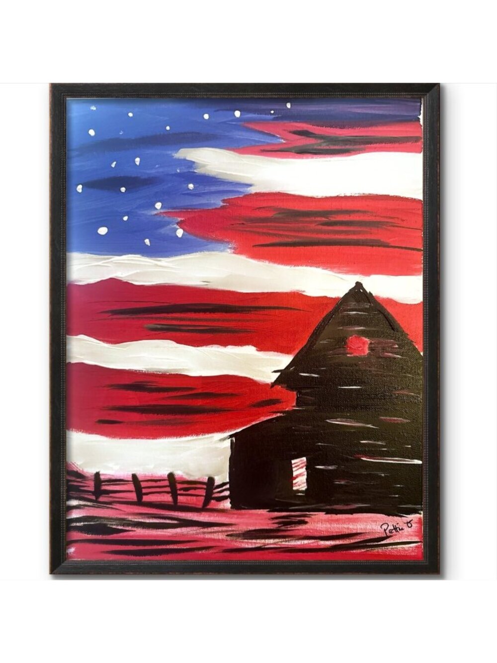 Night Sky Flag Painting Original 14x11 Americana Folk Art Canvas Signed Red
